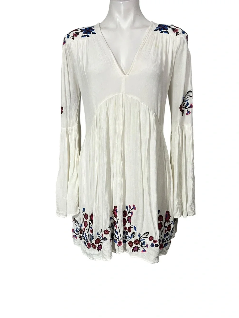 Free People Cream Peasant Tunic with Blue & Pink Floral Embroidery